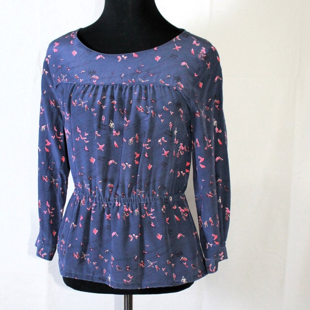 Madewell Blue Silk Peplum Blouse w/ Pink Birds, Repurposed Dress, Size 2